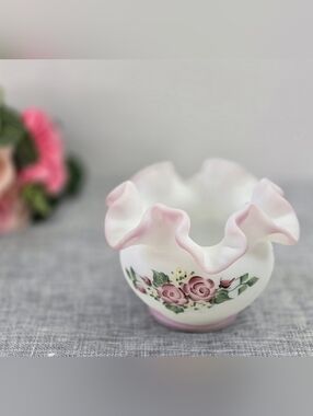 Fenton Opal Satin Rose Bowl Vase “Rose Garden” Hand Painted and Signed Ruffles